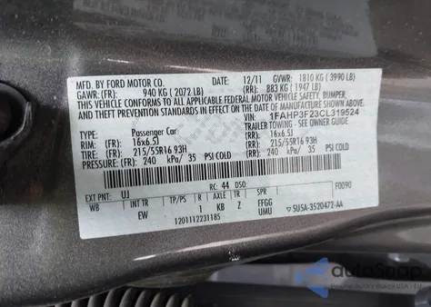 2012 Ford Focus Se z USA, uszkodzony, nr VIN 1FAHP3F23CL319524
